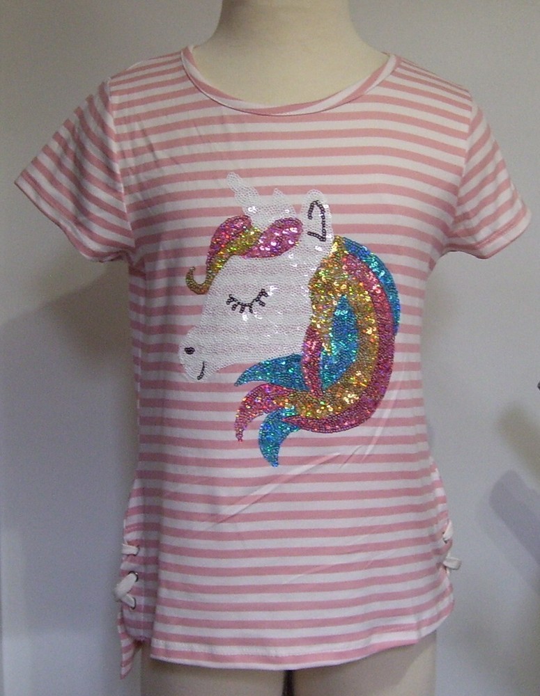 Girls Btween Unicorn Pink White Striped Short Sleeve Shirt Top 10 or 12