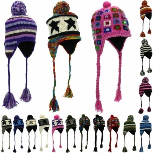 Wool Knit Earflap Bobble Hat with Pompoms by LoudElephant Warm Winter Beanie Cap