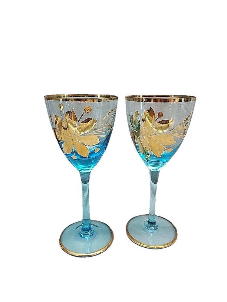 Vintage Romanian Blue Aqua Wine Cordial Glasses Gold Flowers Trim Set of 2 -6.5