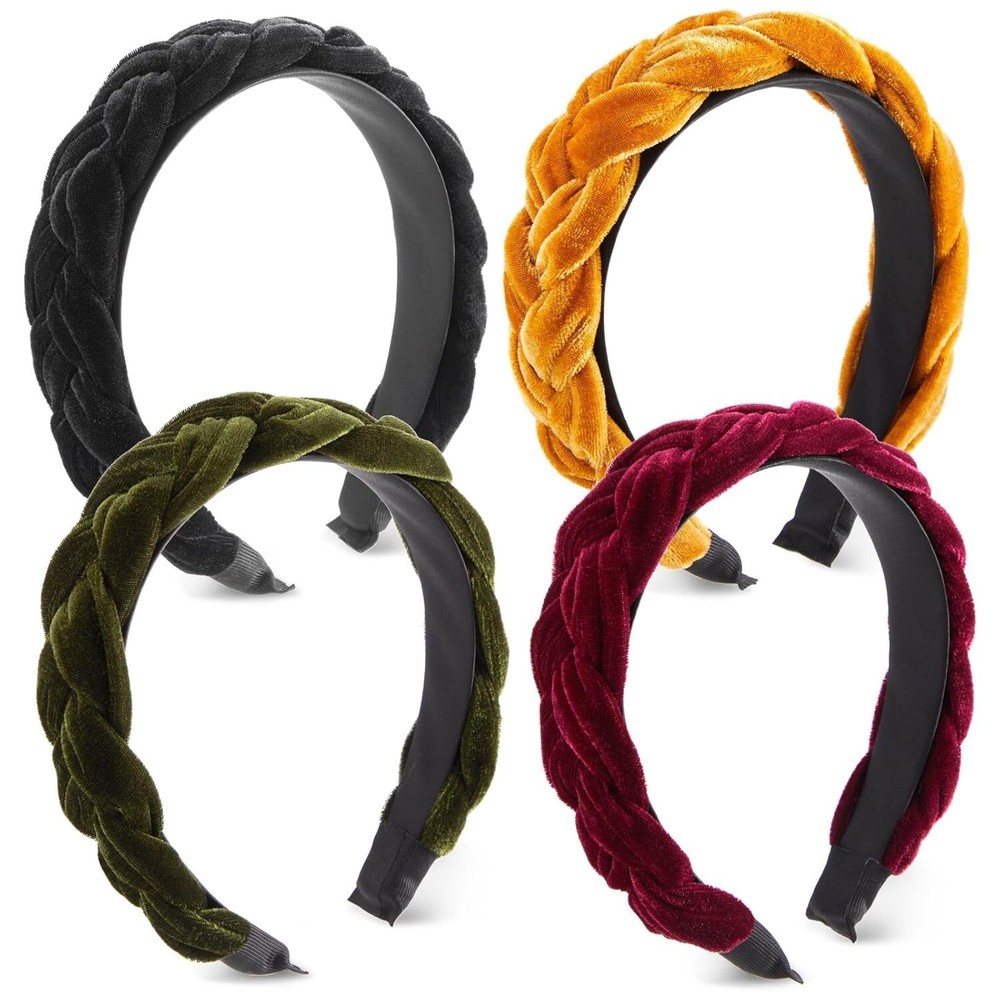 4-Pack Velvet Braided Headbands for Women Wide Non-Slip Padded Hair Accessories