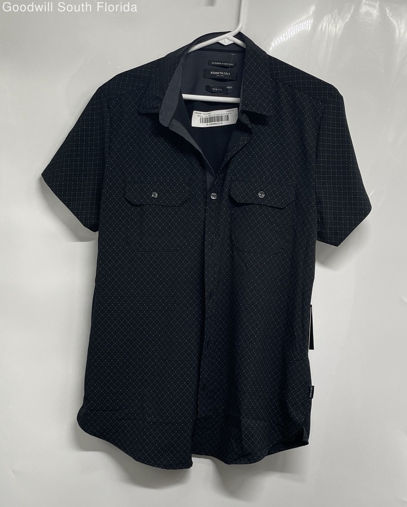 Kenneth Cole Mens Black Geometric Printed Slim Fit Button-Up Shirt M With Tags