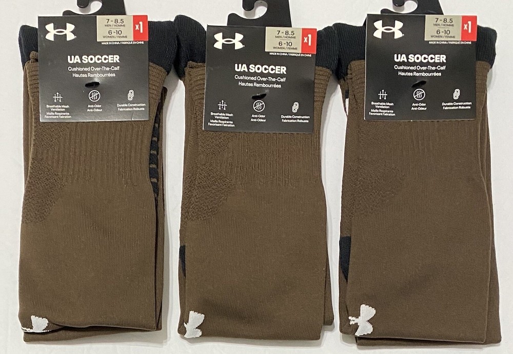 Under Armour Soccer 3 Pairs Cushioned Over The Calf Socks Size 7-8.5 Brown
