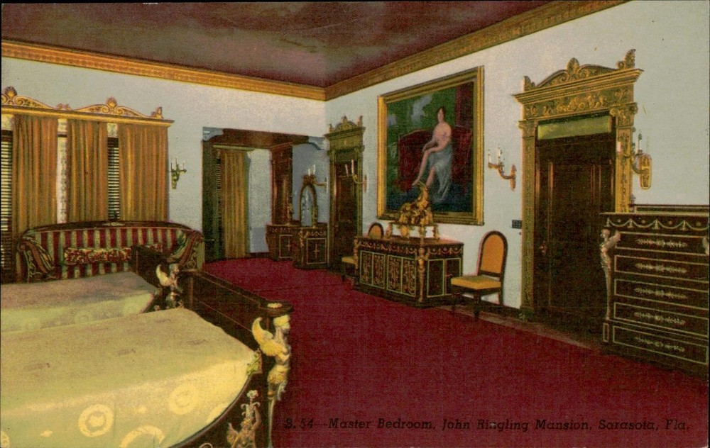John Ringling Mansion Bedroom Postcard Sarasota FL Curteich Colortone Unposted