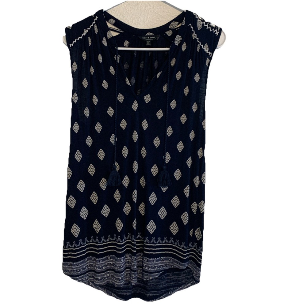 Lucky Brand Womens Blue Boho Geometric Thick Stitch Tassels Sleeveless Top S