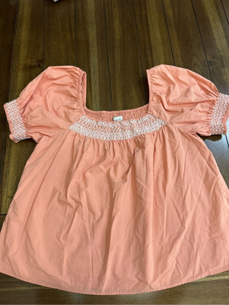 Wonderly Peach Smocked Boho Blouse Size L Square Neck Puff Sleeve