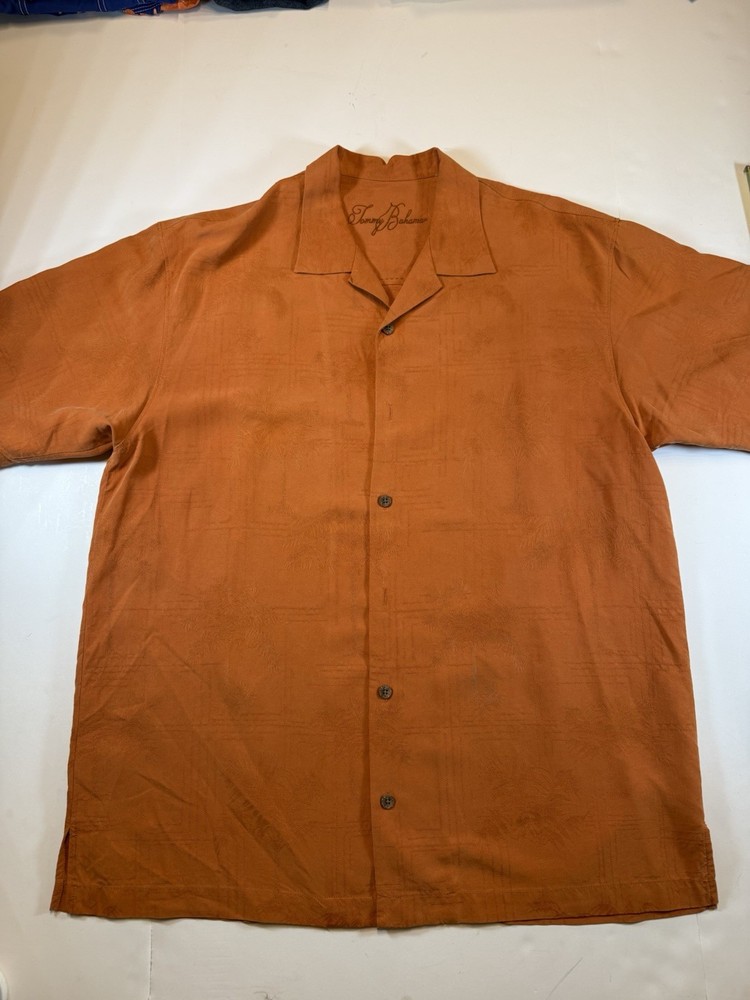 Tommy Bahama Men's XL Orange Silk Camp Shirt Hawaiian Aloha Palm Tree Button Up