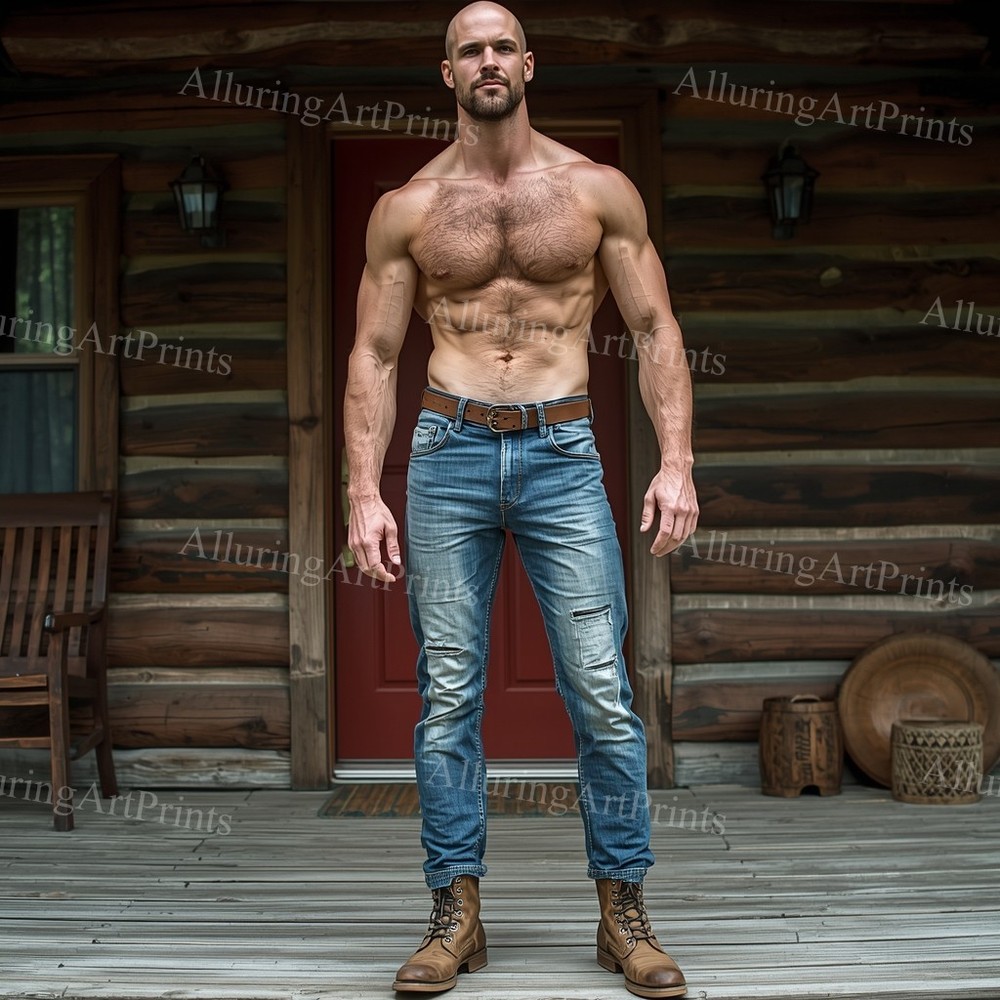 Male Model Photo Print Muscular Handsome Hairy Shirtless Hunk-G172