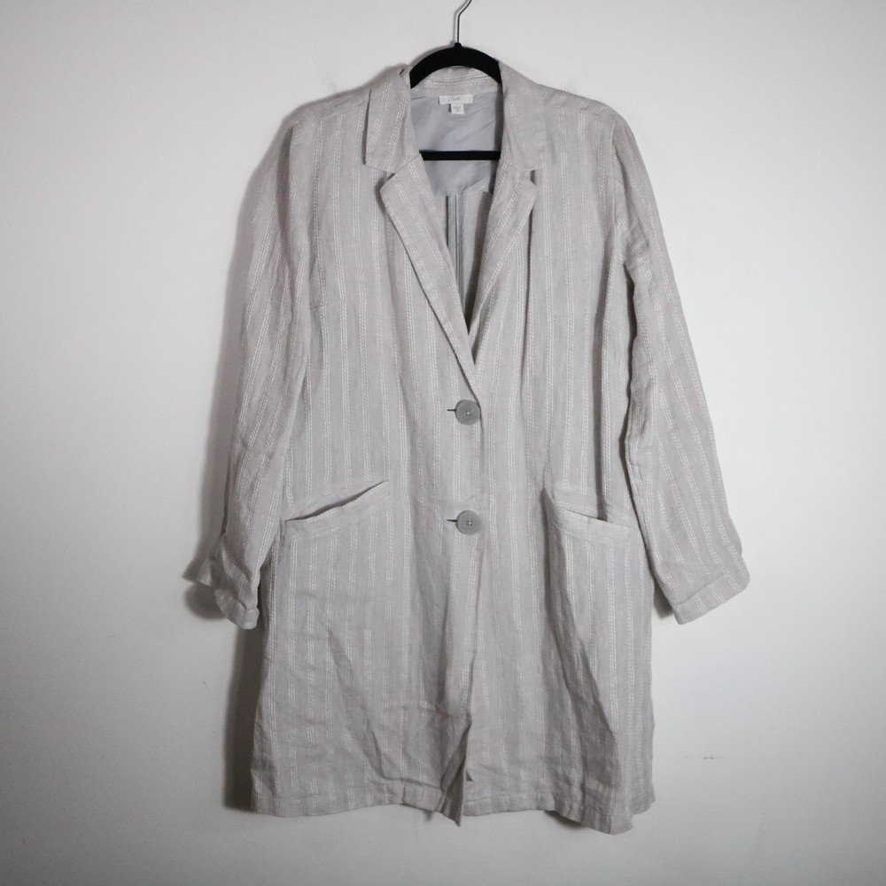 J Jill Linen Striped Longline Blazer Jacket Medium Gray Long Boho Lagenlook
