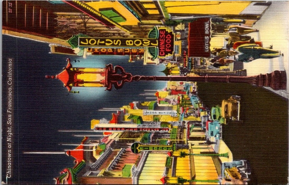 Chinatown at Night San Francisco CA Vintage Linen Postcard Lotus Bowl SF-32