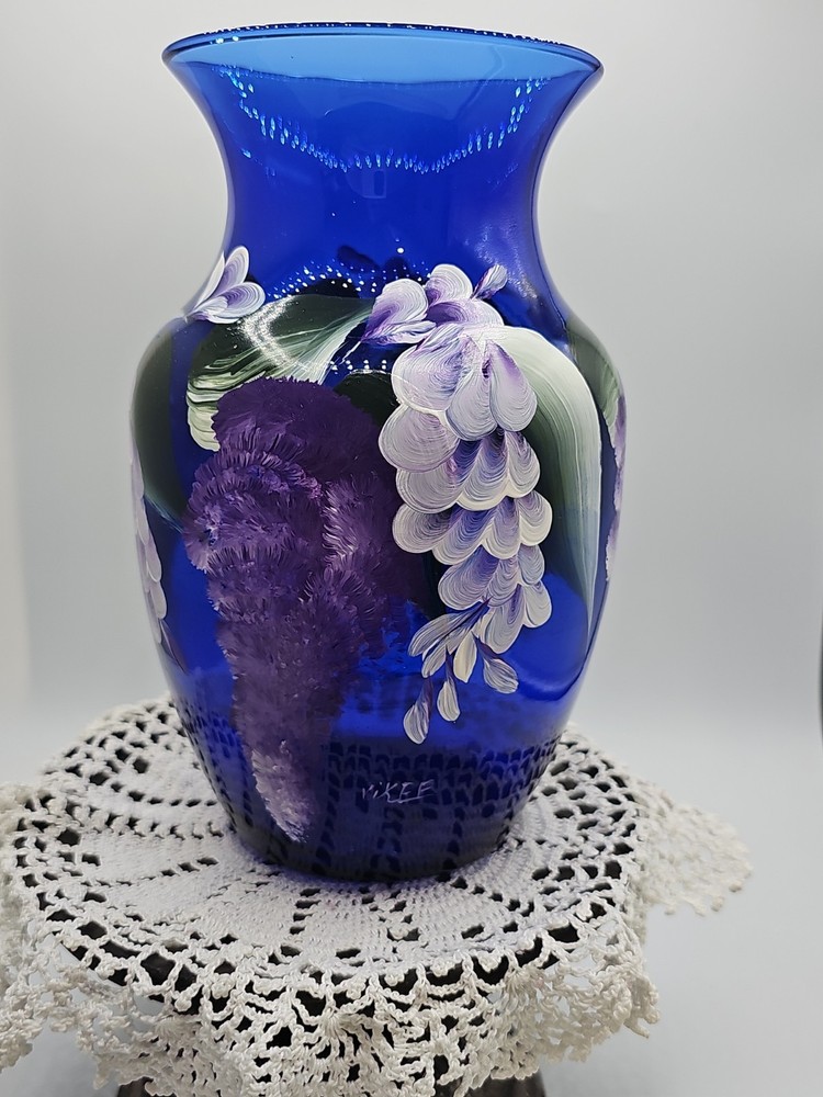 Vintage Signed Handpainted Fenton Cobalt Blue Vase, Floral,  Artist Signed