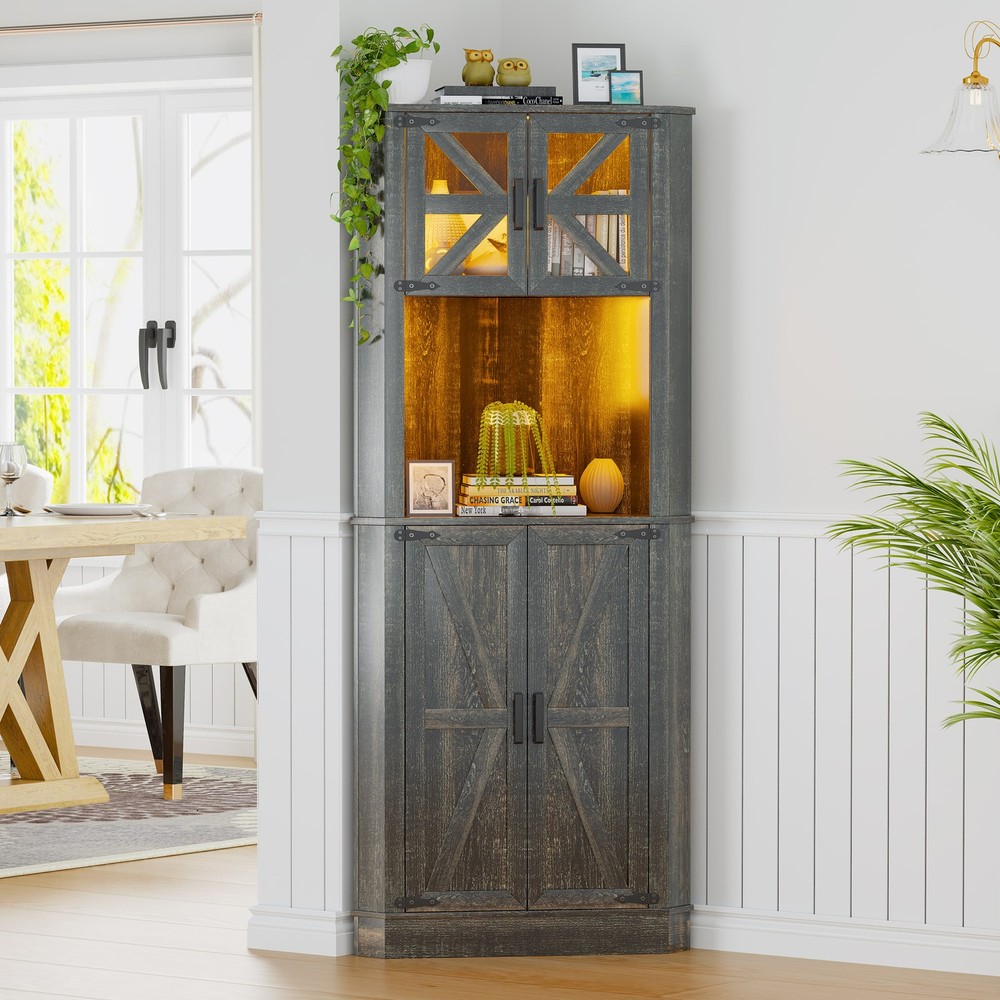 Corner Storage Cabinet with LED Light Charging Station and Motion Sensor