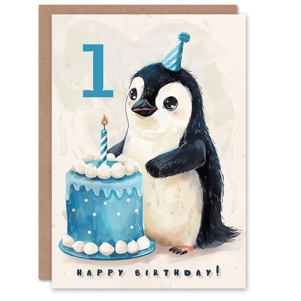 1st Birthday Card Cute Baby Penguin Cake Cartoon Kids Age 1 Year Old Child