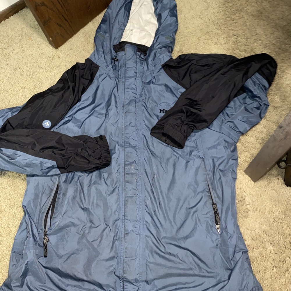 Marmot Windbreaker Rain Jacket Men's X-Large Soft Shell Blue Black With Hood