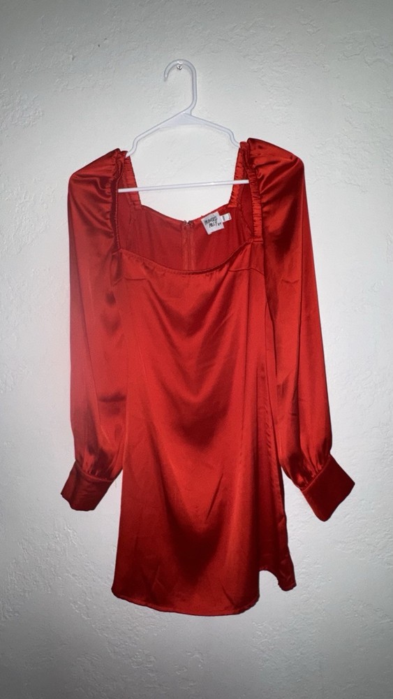 Princess Polly Red Satin Mini Dress Size 0 Long Sleeve Square Neck Zip