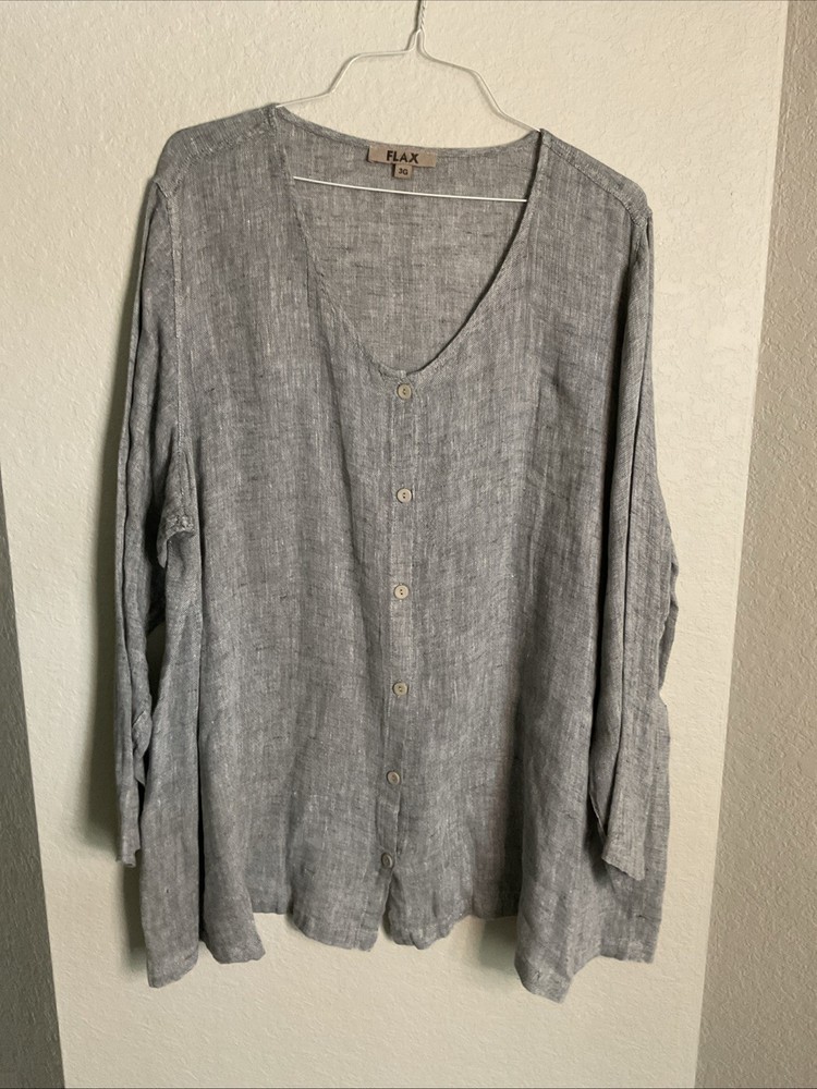Flax Linen Lagenlook Long Sleeve Button  Front Top Size 3G