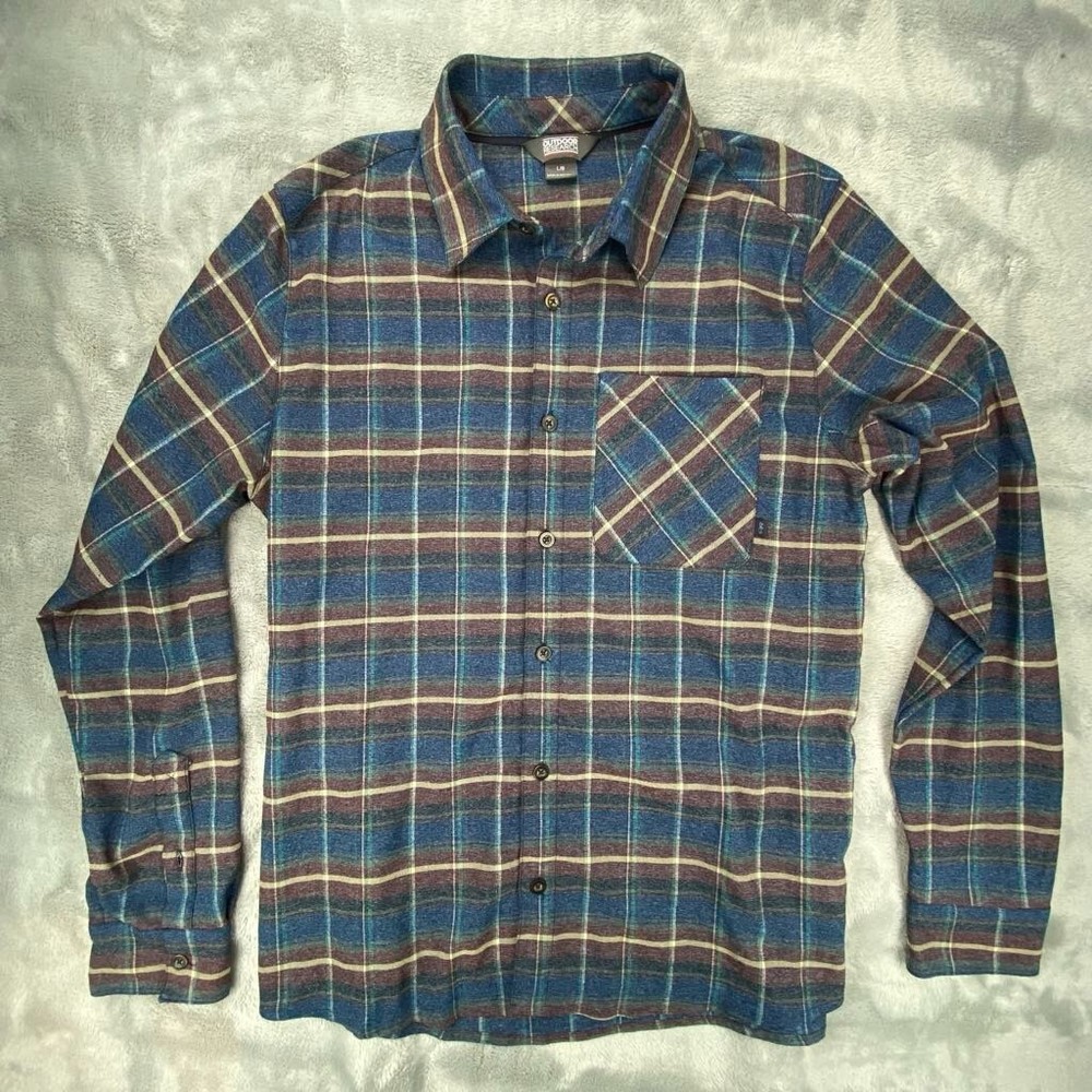 Outdoor Research Shirt Mens Large Blue Plaid Flannel Long Sleeve Outdoor