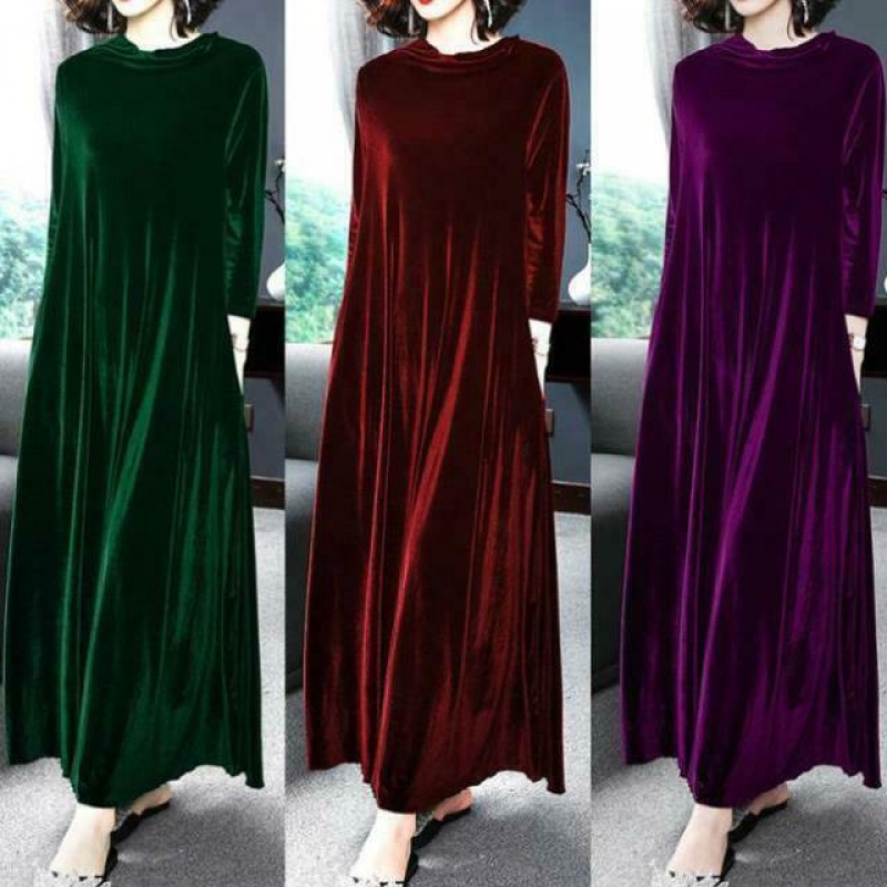 Womens Retro Velvet Round Neck Long Sleeve Dress Casual Loose Maxi Gown Oversize