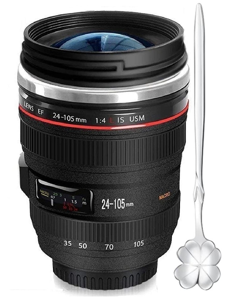 Camera Lens Coffee MugsStainless Steel Lens Cups with Four Leaf Clover SpoonN...