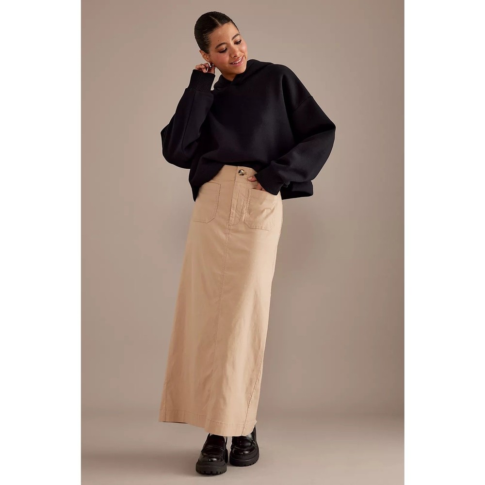 Maeve Colette Maxi Skirt Size S Khaki Cotton Linen Blend Utility Stretch Granola