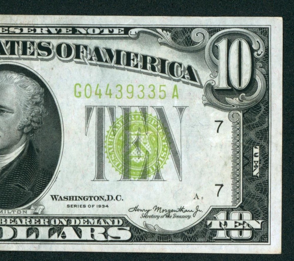 $10 1934 ((VF+)) LGS LIME ((LIGHT GREEN SEAL)) Federal Reserve Note ** CURRENCY