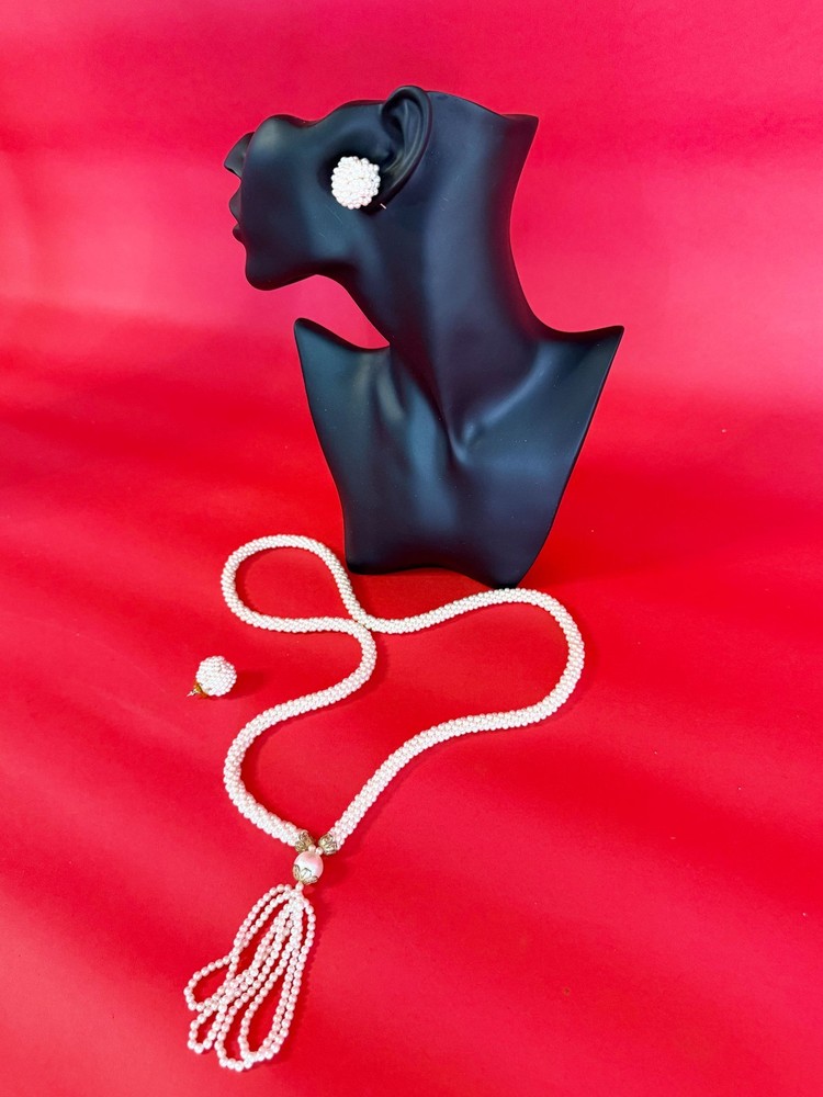 Vintage 1980s Faux Pearl Necklace and Stud Earrings Set