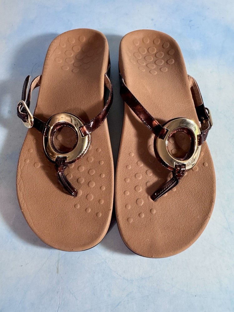 Vionic 340 Karina Womens Tortoise Thong Gold Ring Buckle Orthotic Sandals Size 7