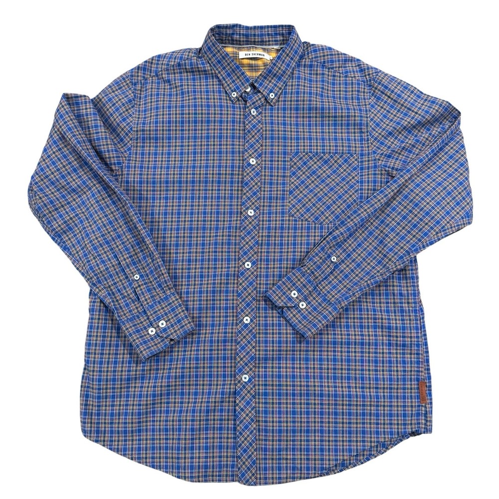 Ben Sherman Mens XXL Plaid Button Down Shirt Blue Tartan Long Sleeve Cotton