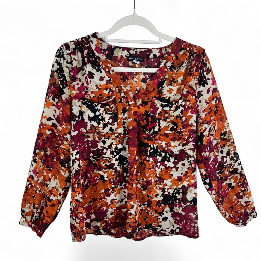 Willi Smith Womens M Abstract Paint Splatter V-Neck Blouse Orange Magenta Black