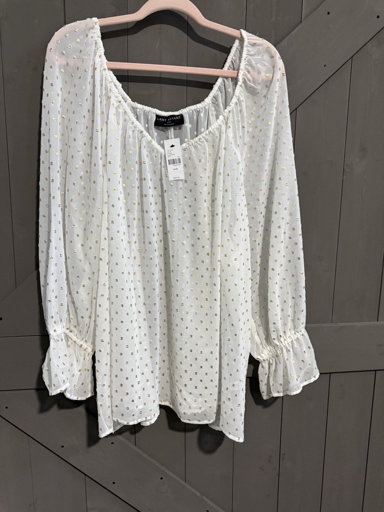 Lane Bryant White Gold Polka Dot Chiffon Ruffle Sleeve Blouse Plus 26/28 Scoop