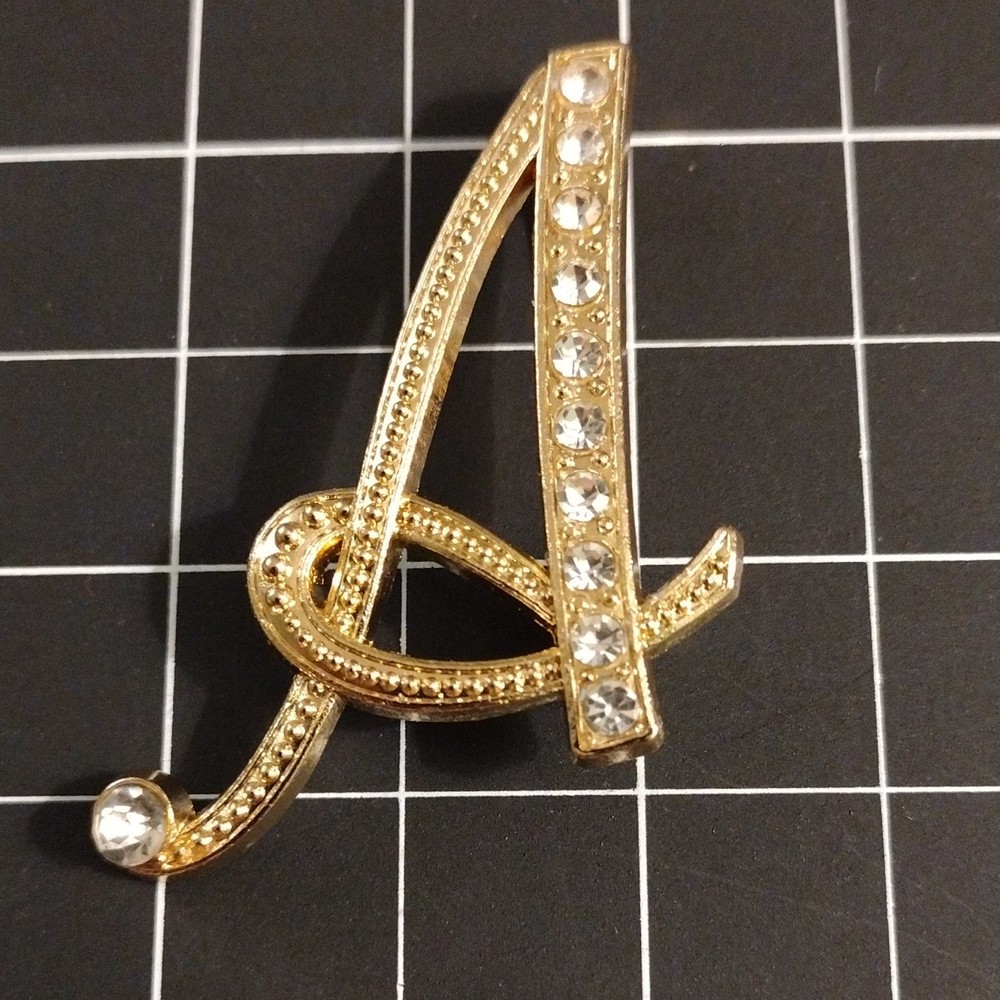 Vintage Gold Initial A Brooch Cursive Script Rhinestone Letter Pin Monogram Gift