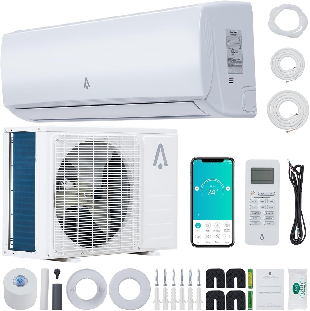 9000 BTU Mini Split AC 19 SEER2 Cools 450 SqFt Ductless WiFi