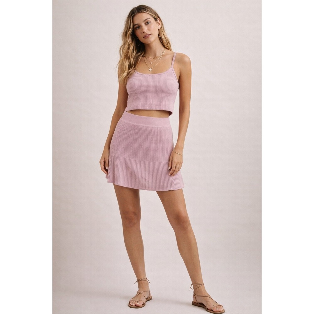Intimately Free People Ribbed Knit 2 Piece Set Crop Top Mini Skirt Pink Medium