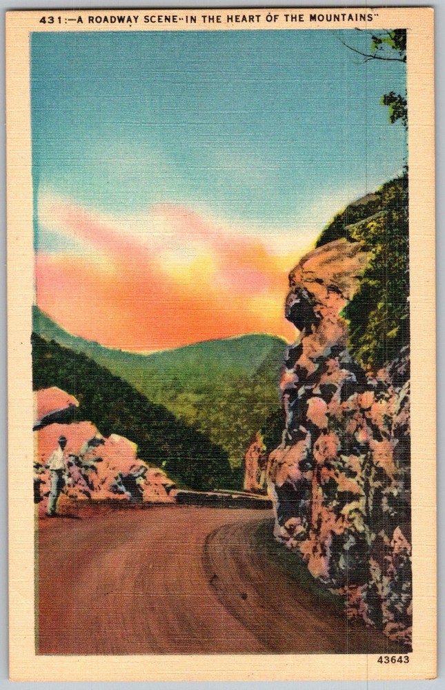 Vtg Linen Postcard Roadway Scene Heart Mountains Asheville, NC 1930s