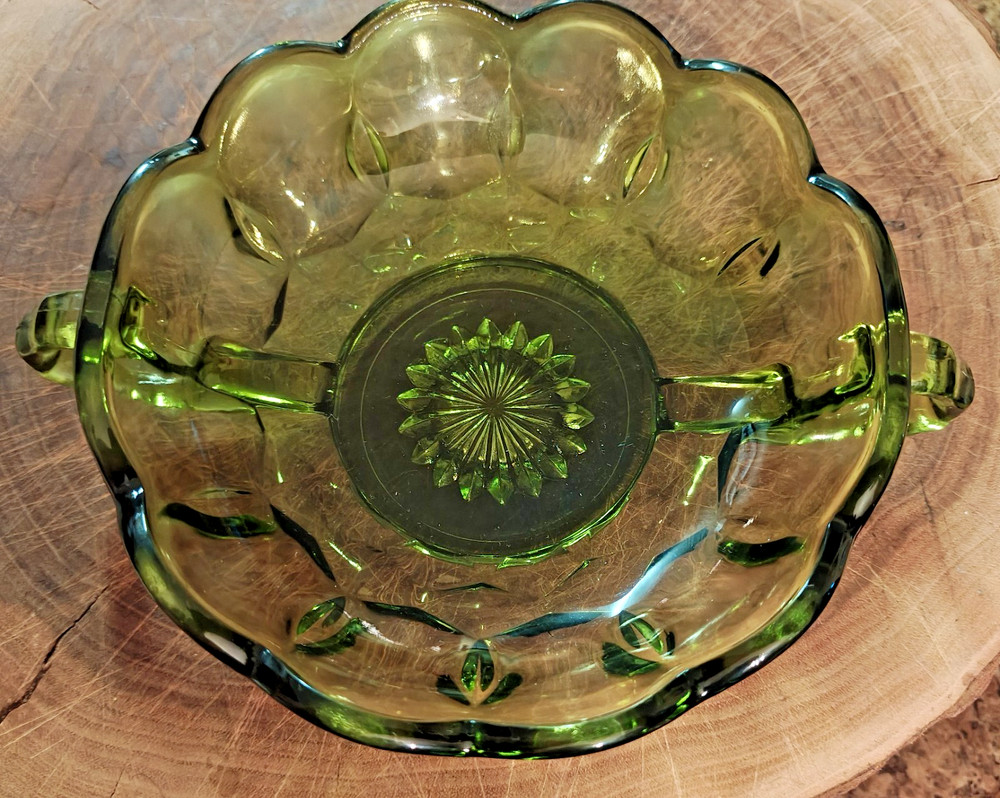 Anchor Hocking Fairfield Glass Candy Nut Dish Double Handle Avocado Nappy