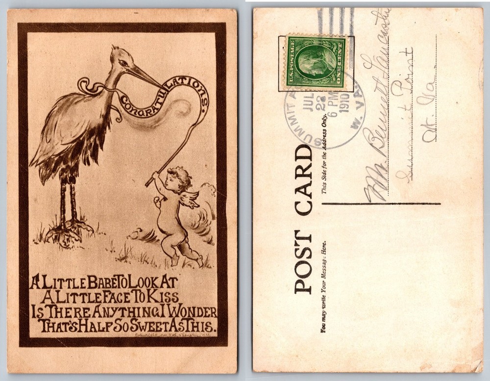 1910 Stork & Baby Congratulations Postcard - Summit, WV Postmark
