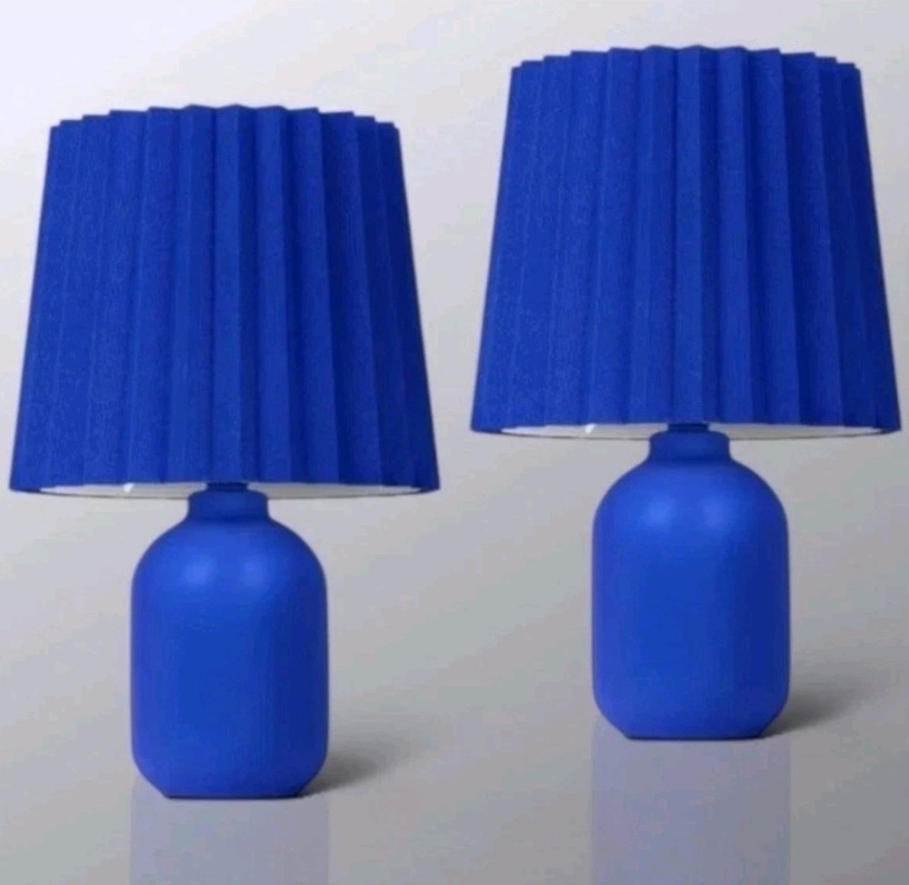 Set of 2 Mini Ceramic Base Table Lamps with Pleated Shades Beautiful Blue Pair