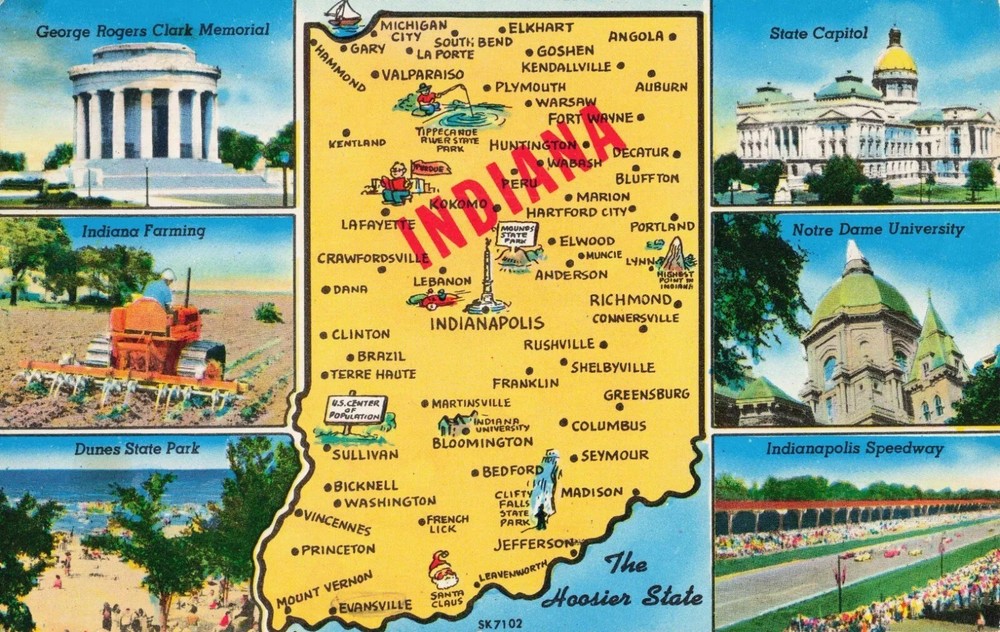 Map of Indiana IN - Multi View - Notre Dame, Capitol, Speedway - Postcard