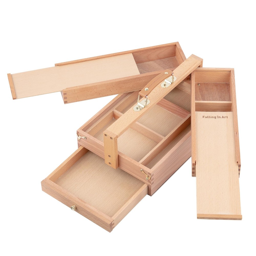 Artist Supply Storage , Portable Beechwood Toolbox with Drawer, Three Layer A...