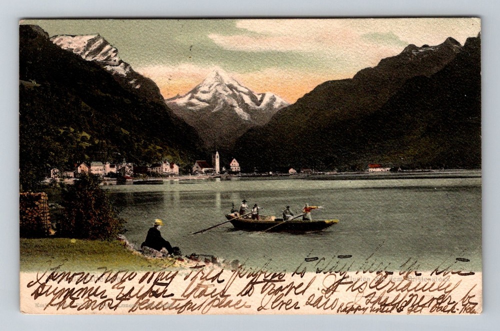 Switzerland- Luzern Lake Rowing Town & Alps View Old PC Vintage c1905 Postcard