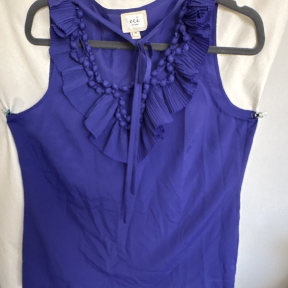eci New York Women's Purple Sleeveless Ruffle Blouse Round Neck Chiffon 14