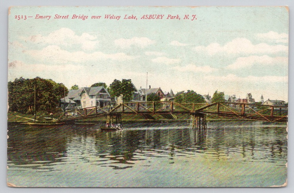 1907 Emory Street Bridge Welsey Lake, Asbury Park NJ Postcard Posted