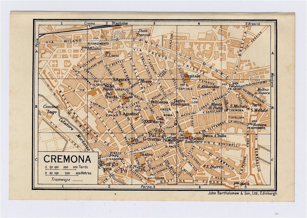 1937 Original Vintage City Map Of Cremona / Lombardy / Italy