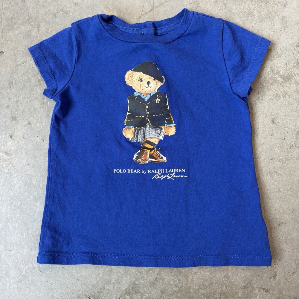 Polo Ralph Lauren School Girl Bear T Shirt Top Cotton Blue Preppy Baby 12 Months