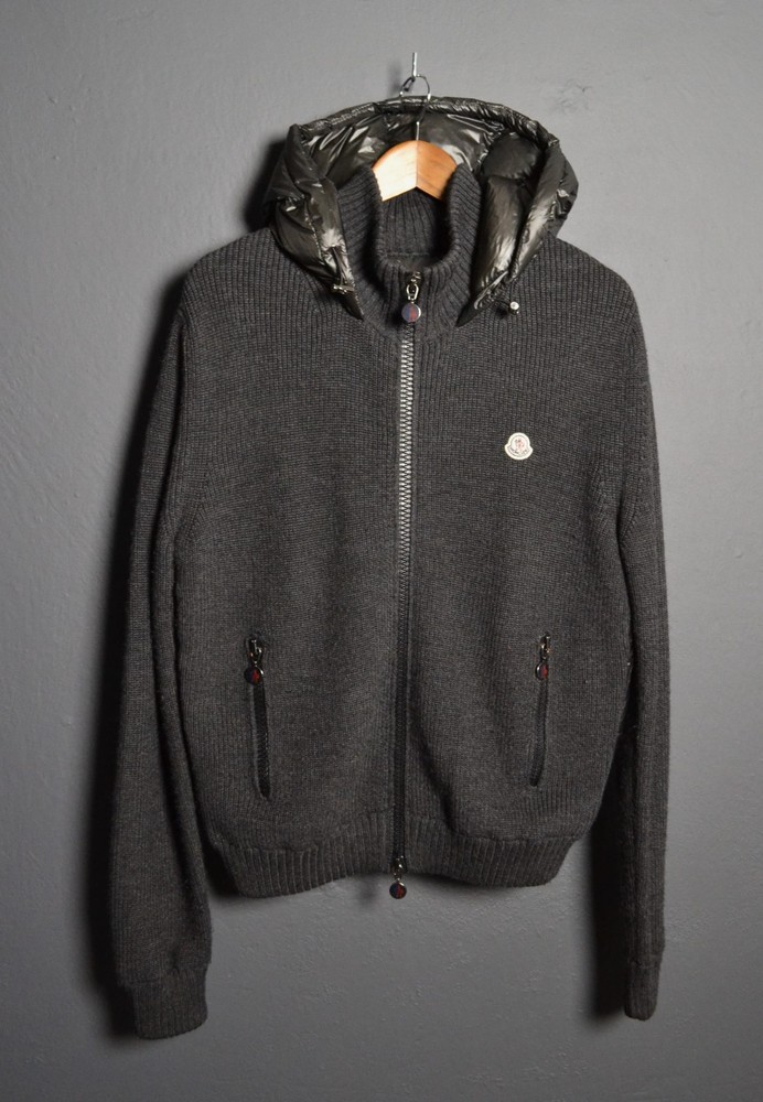 Moncler Gray Hooded Knit Down Jacket with Front Zip