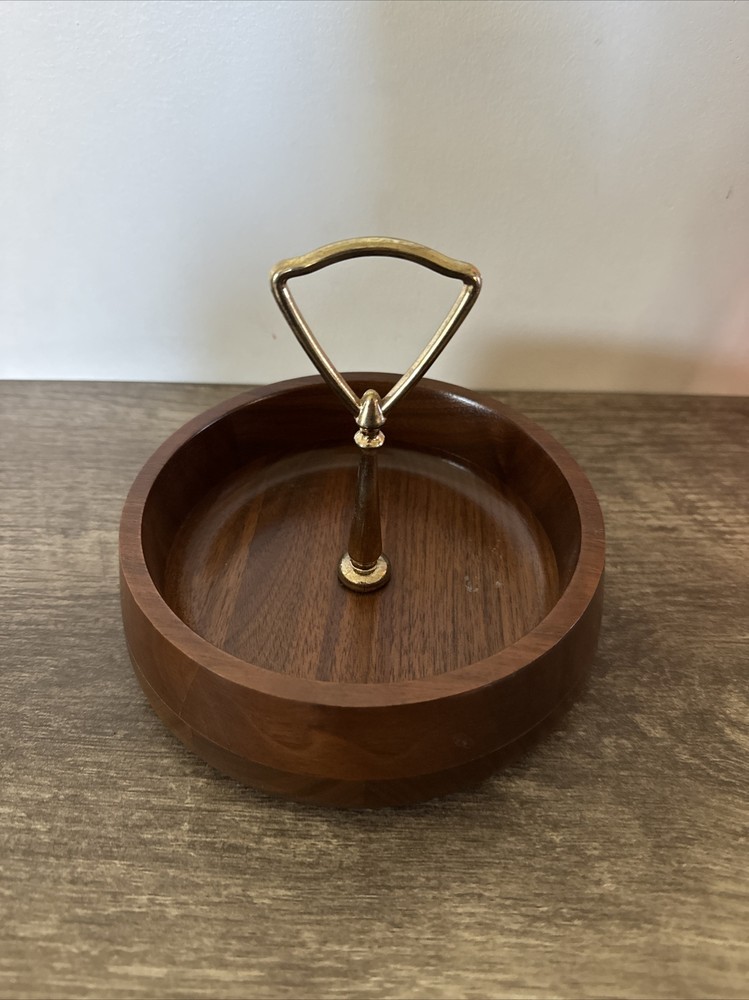 Vintage Vermillion Walnut Wood Candy/Nut Bowl Caddy Handle Bowl