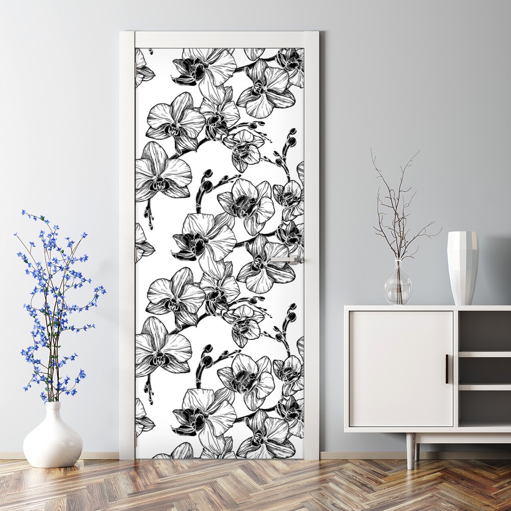 Adhesive Door sticker Elegant black and white orchid Floral Contrastive Outlines