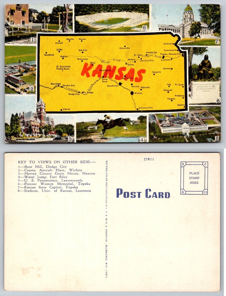 Vintage Kansas Multi-View Linen Postcard - State Map, Capitol, Boot Hill
