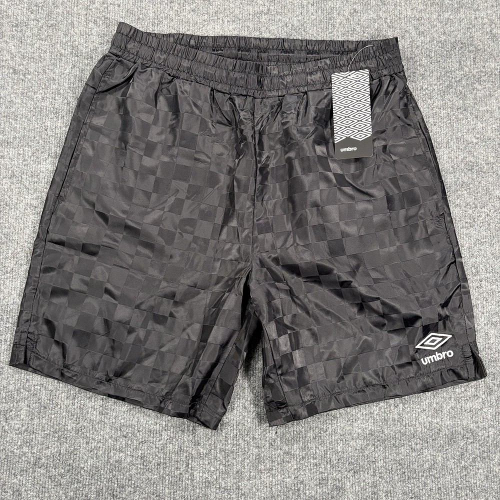 NWT Mens S Vintage Style Umbro Soccer Logo Checkered Athletic Shorts Black Y2K