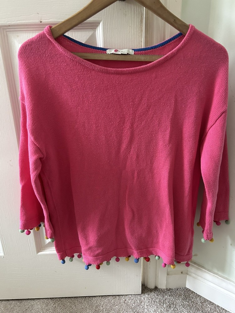 Boden Women’s Pink Pom Pom Cotton Knit Sweater Jumper Top Size Medium