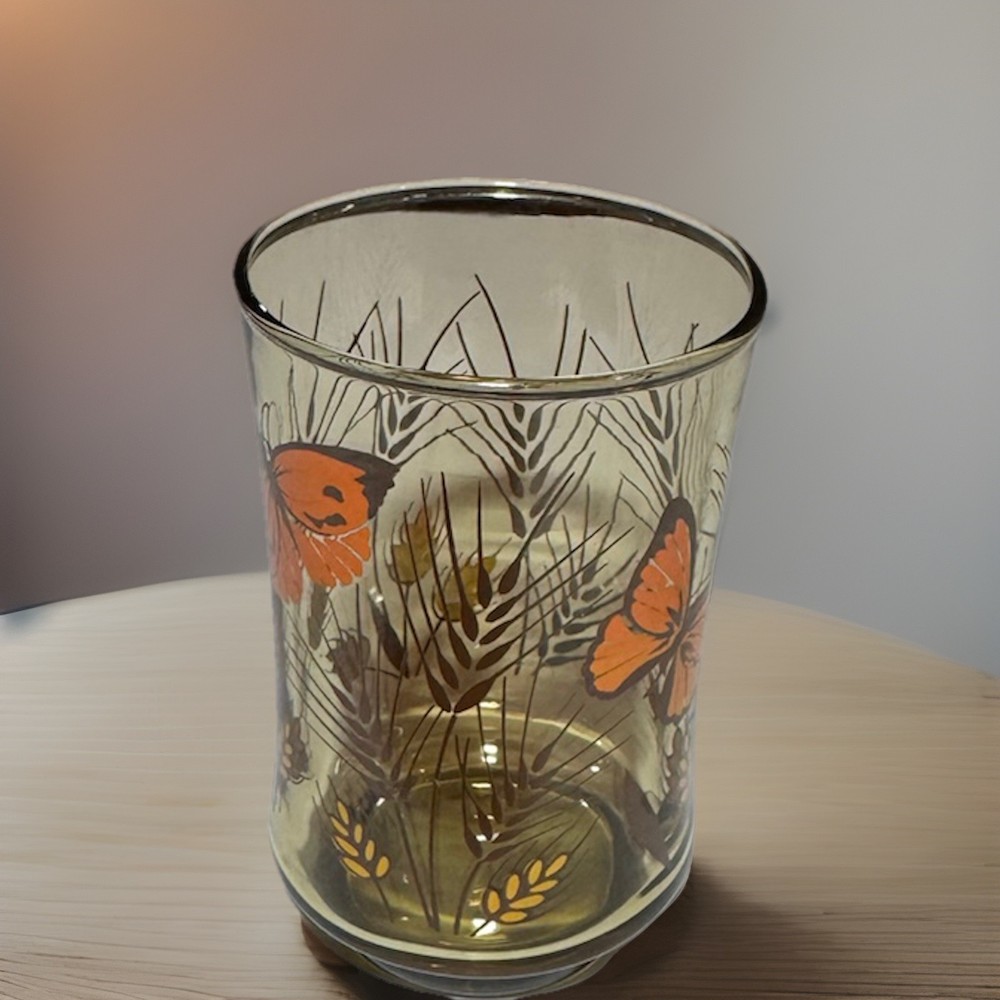 Vintage MCM Libbey Smoked Amber Glass Orange Butterfly Wheat Juice Glass 3.5”